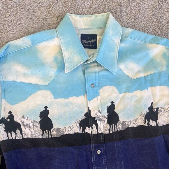 Wrangler Brushpopper Vintage Pearl Snap Shirt Cowboy Blue Sky Graphic Large - Picture 2 of 6